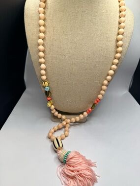 Plunder design- Peach Beaded Tassel Necklace with Coral & Aqua Accents